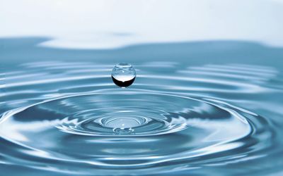 Close-up of a water droplet creating ripples on a calm surface.
